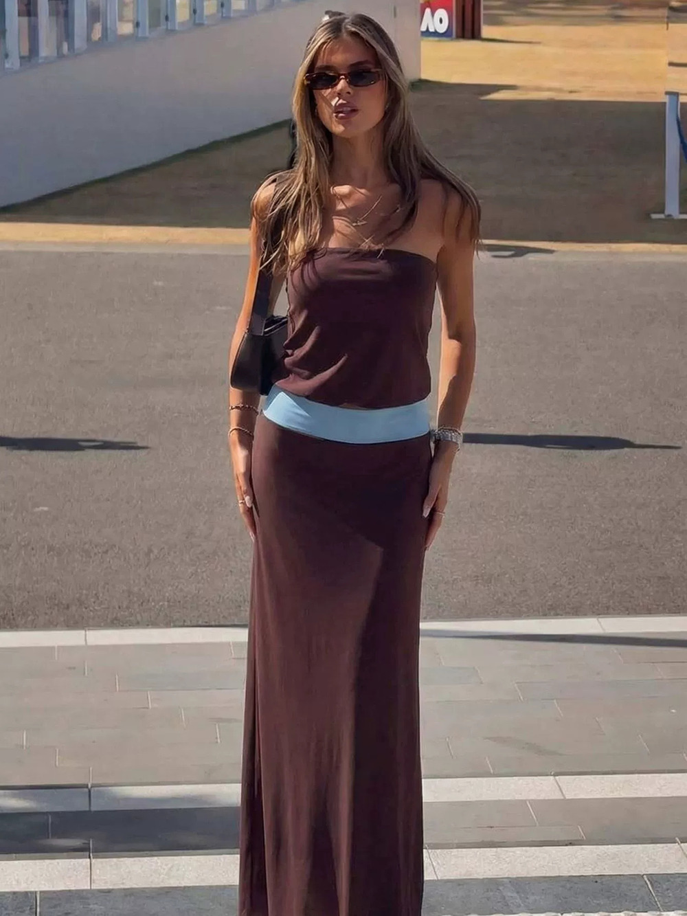 ZARA Strapless Color Block Long Slimming Waist Cinching Versatile Dress